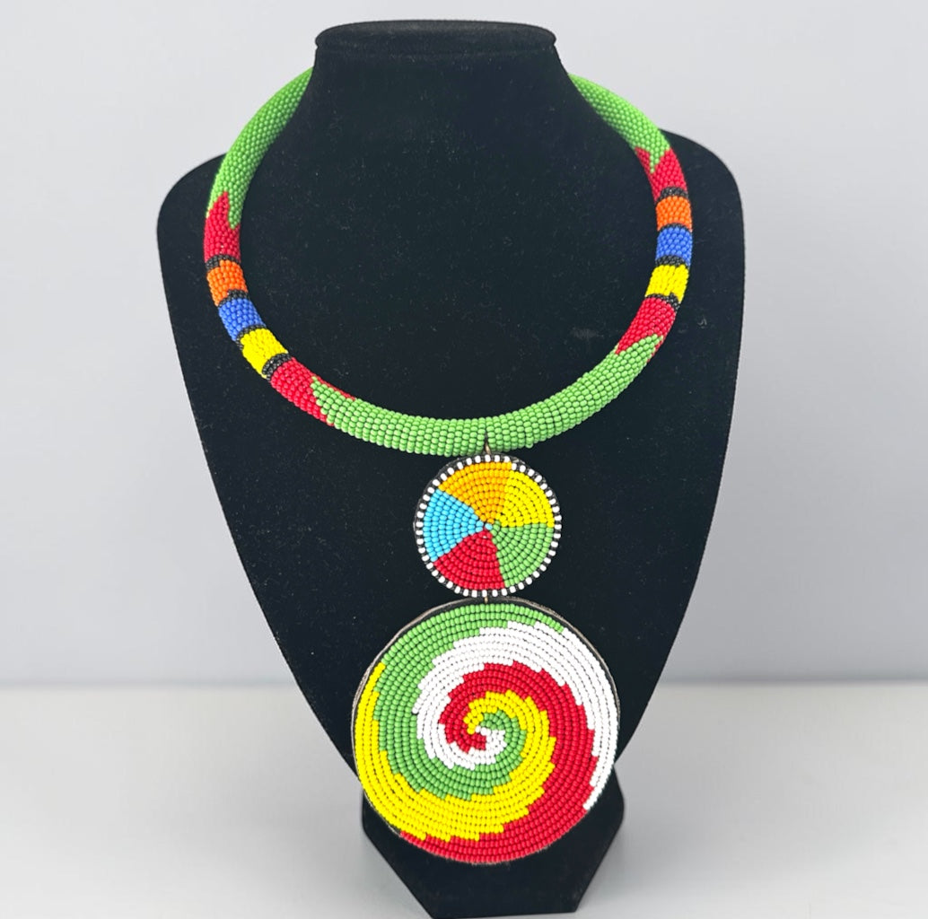 Maasai Beaded Spiral Pendant Necklace – Handmade Afrocentric Statement Fatisha Boutique