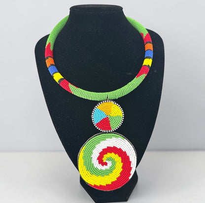 Maasai Beaded Spiral Pendant Necklace – Handmade Afrocentric Statement