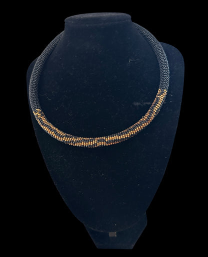 Maasai Beaded Rope Necklace – Handmade Black & Gold Striped Statement