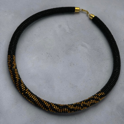 Maasai Beaded Rope Necklace – Handmade Black & Gold Striped Statement