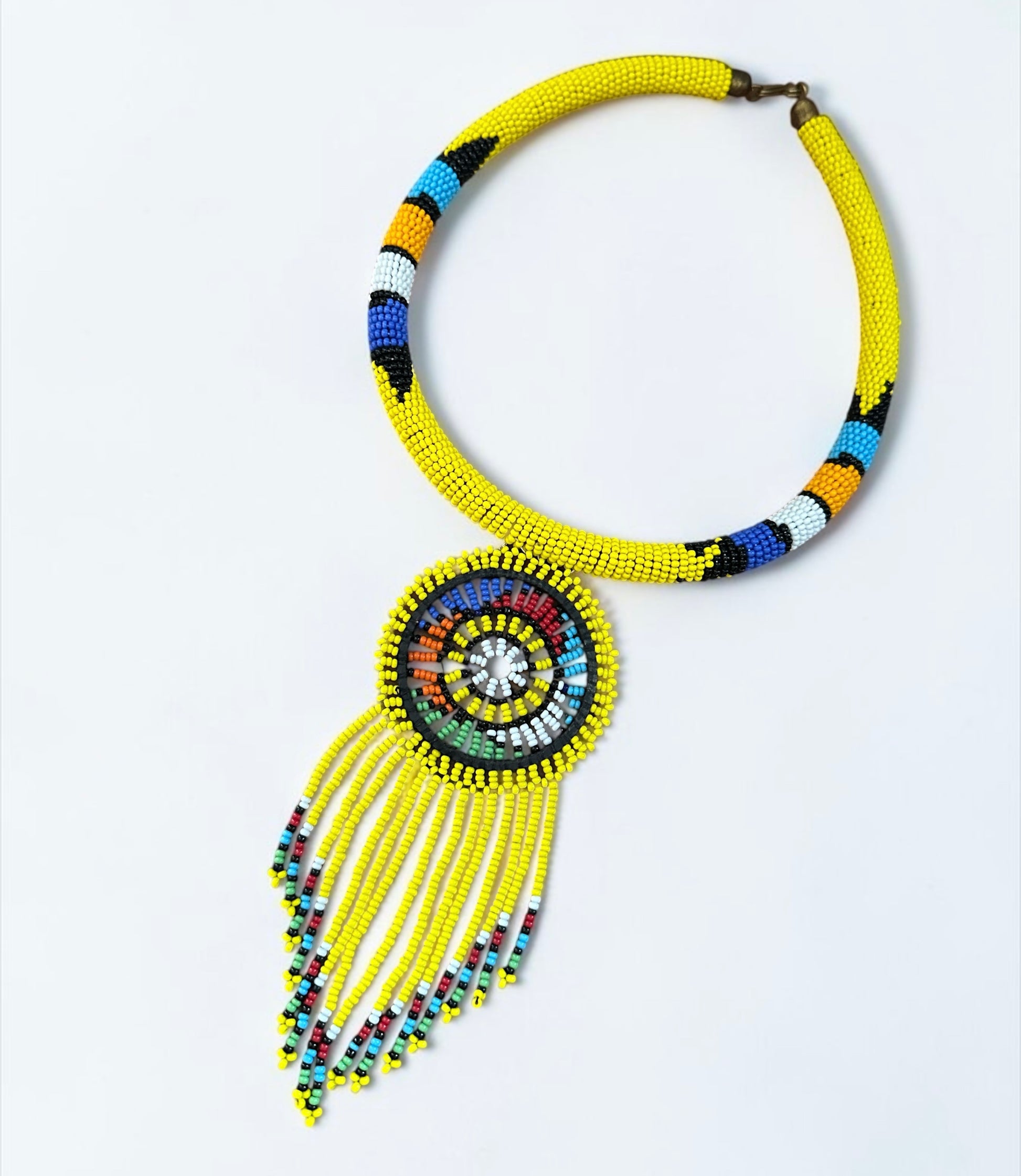 Maasai Beaded Medallion Tassel Necklace – Handmade Afrocentric Statement - Fatisha Boutique