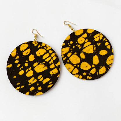 Black & Yellow Ankara Fabric Round Statement Earrings