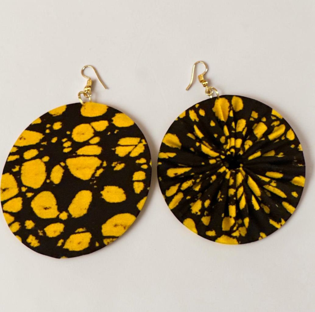 Black & Yellow Ankara Fabric Round Statement Earrings