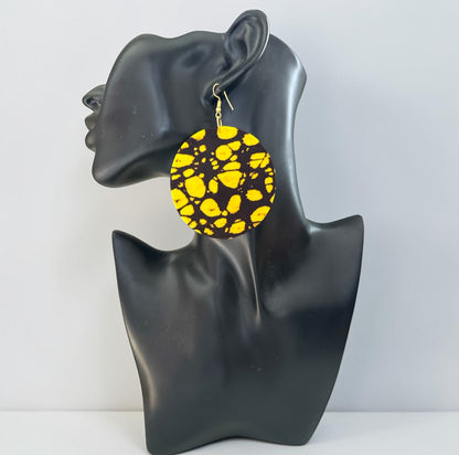Black & Yellow Ankara Fabric Round Statement Earrings