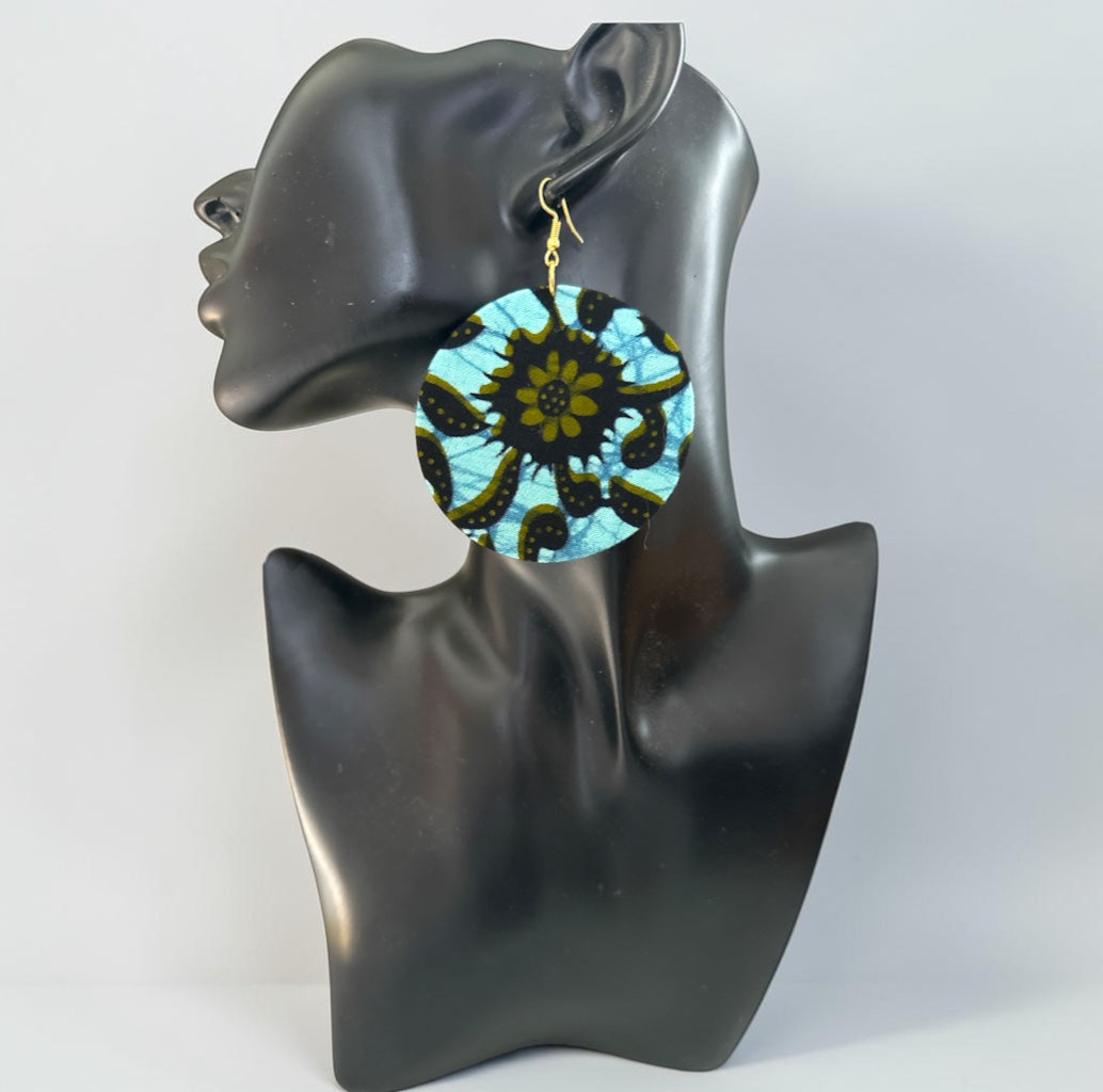 Green Ankara Fabric Round Statement Dangle Earrings