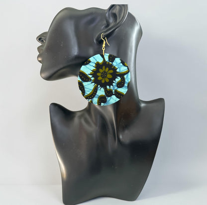 Green Ankara Fabric Round Statement Dangle Earrings