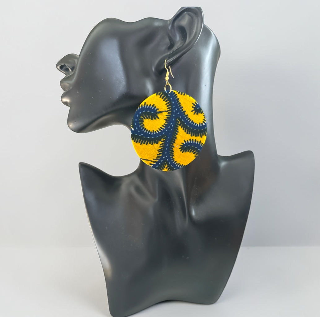 Yellow Ankara Fabric Round Statement Dangle Earrings Fatisha Boutique