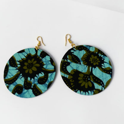 Green Ankara Fabric Round Statement Dangle Earrings