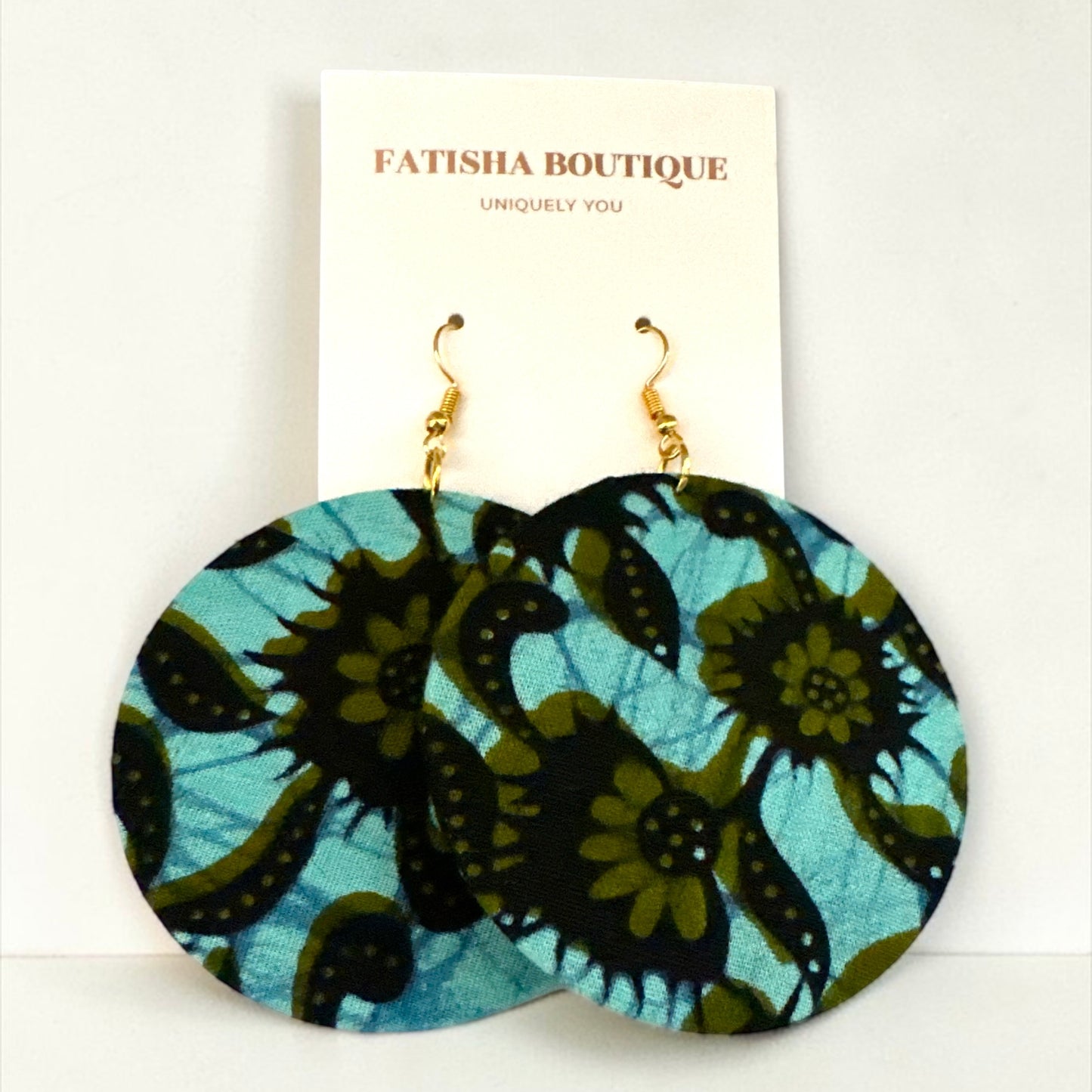 Green Ankara Fabric Round Statement Dangle Earrings Fatisha Boutique
