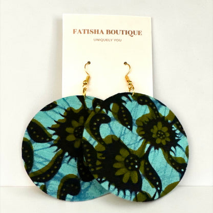 Green Ankara Fabric Round Statement Dangle Earrings