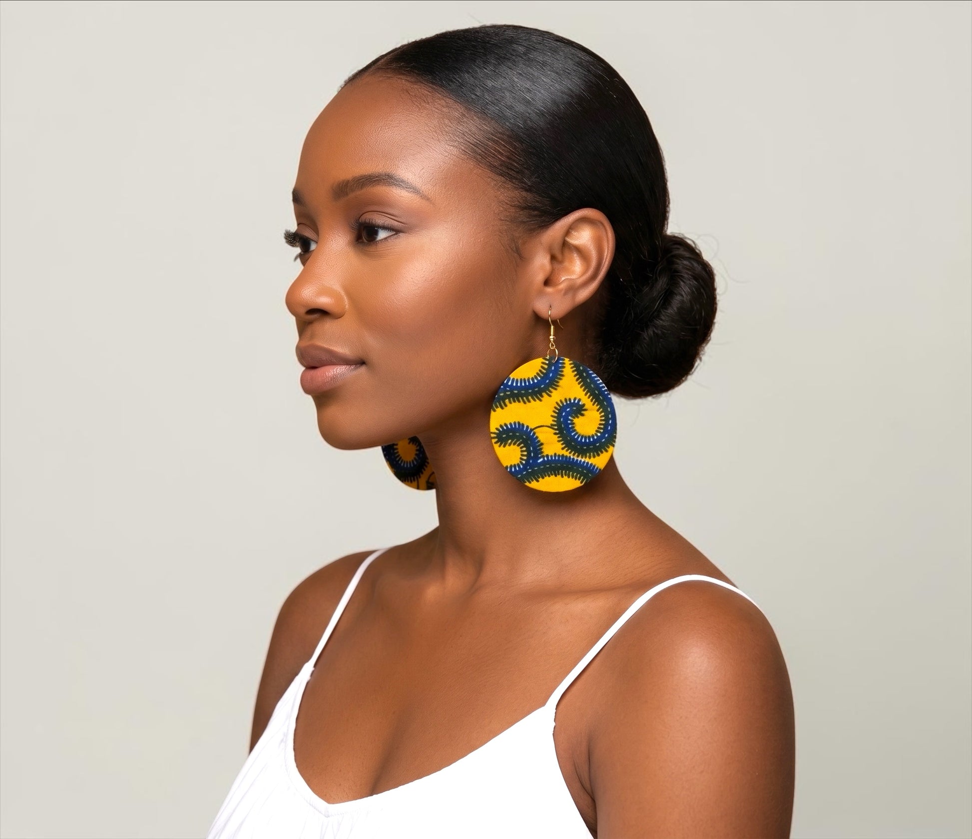 Yellow Ankara Fabric Round Statement Dangle Earrings