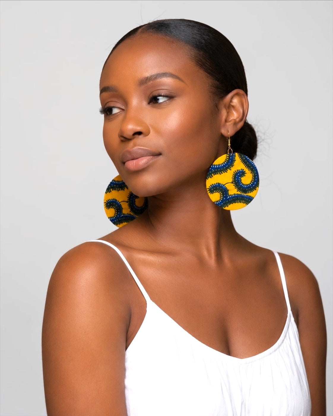 Yellow Ankara Fabric Round Statement Dangle Earrings