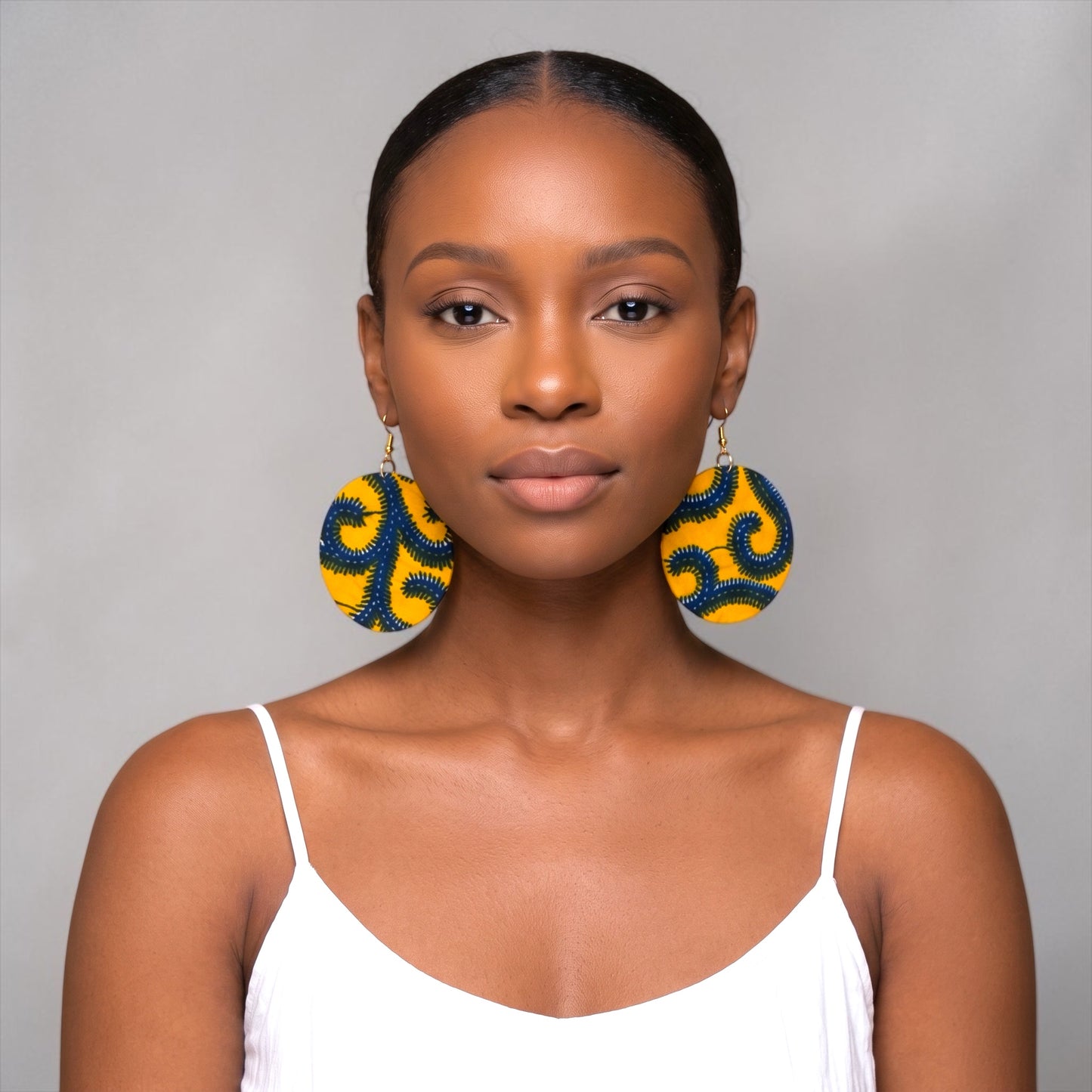 Yellow Ankara Fabric Round Statement Dangle Earrings Fatisha Boutique