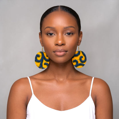 Yellow Ankara Fabric Round Statement Dangle Earrings