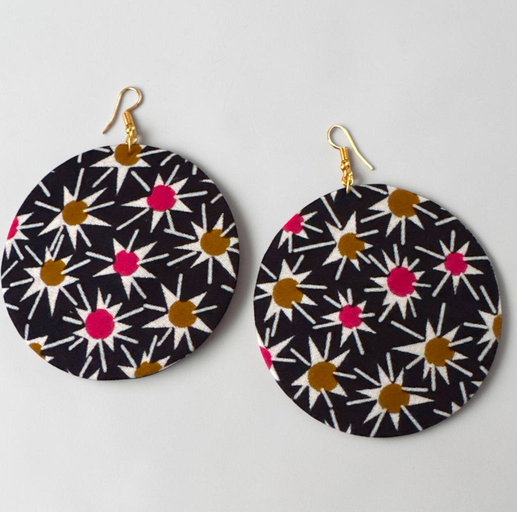 Navy Floral Ankara Round Statement Earrings Fatisha Boutique