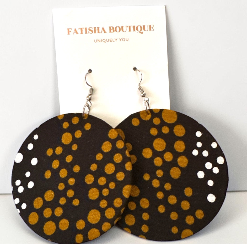Black & Gold Polka Dot Ankara Round Fabric Earrings Fatisha Boutique