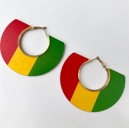 Rasta Wooden Hoop Statement Earrings Red Yellow Green - Fatisha Boutique