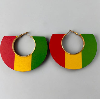 Rasta Wooden Hoop Statement Earrings Red Yellow Green - Fatisha Boutique