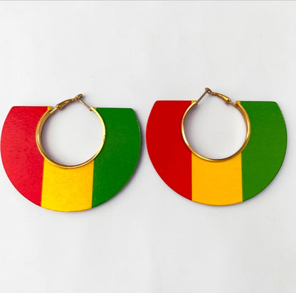 Rasta Wooden Hoop Statement Earrings Red Yellow Green - Fatisha Boutique