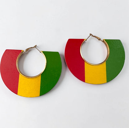 Rasta Wooden Hoop Statement Earrings Red Yellow Green - Fatisha Boutique