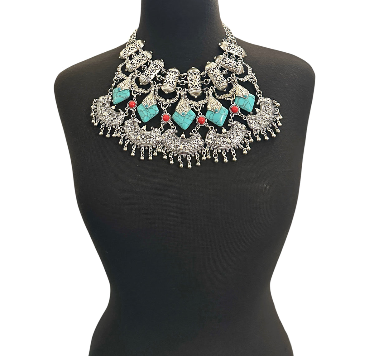 Bohemian Statement Necklace – Antique Gold & Silver Ethnic Pendant Collar - Fatisha Boutique