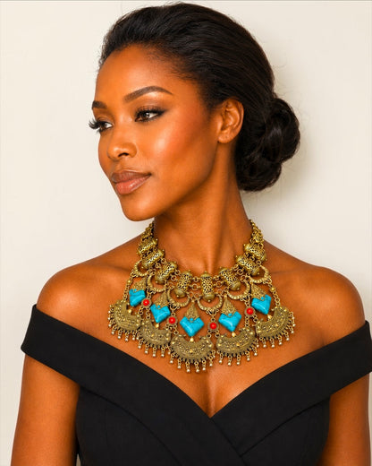 Collier plastron ethnique bohème – Pendentif tribal antique or et argent