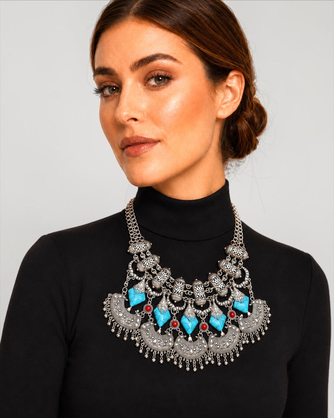 Collier plastron ethnique bohème – Pendentif tribal antique or et argent Fatisha Boutique