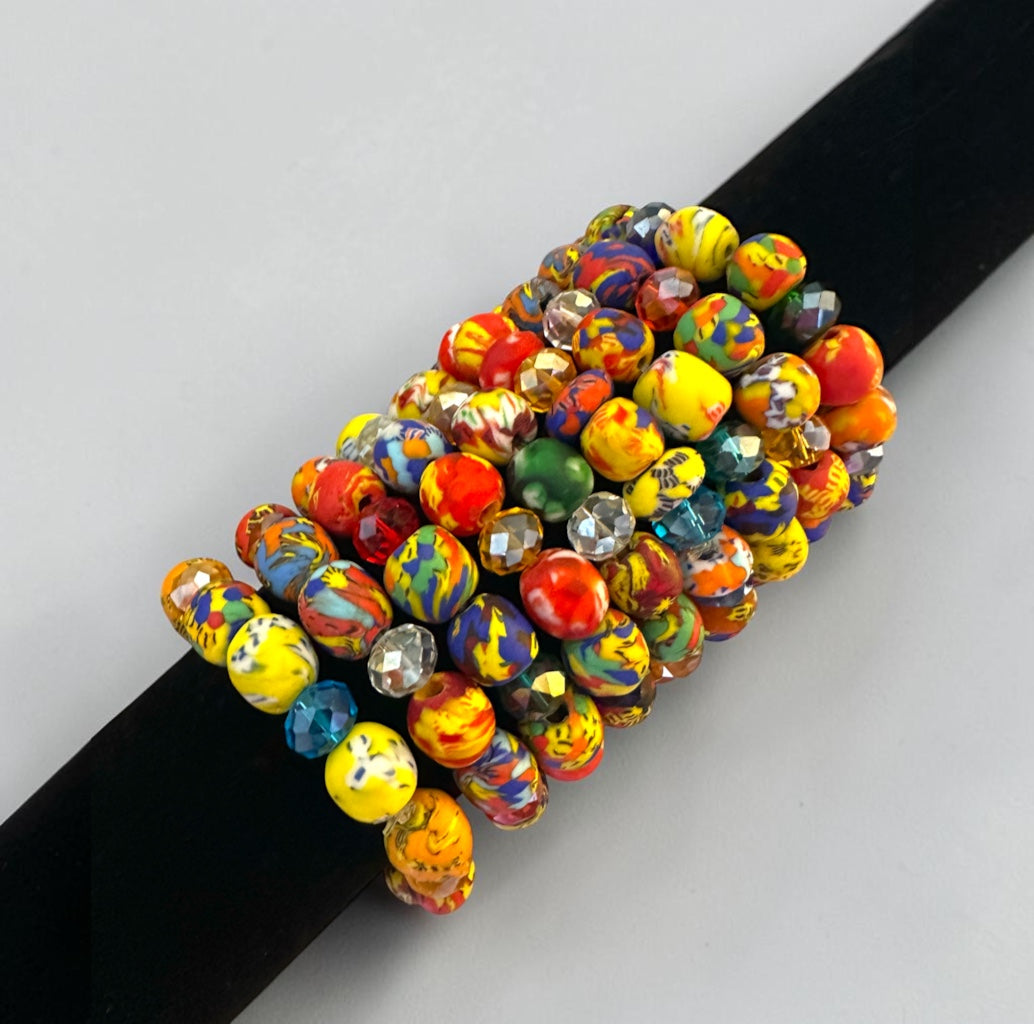 Krobo Bead Stretch Bracelet – Ghana Glass with Crystal Accents - Fatisha Boutique Fatisha Boutique