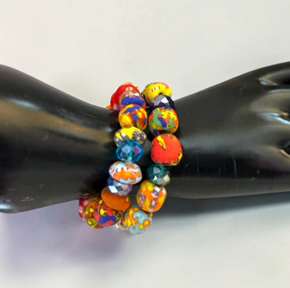 Krobo Bead Stretch Bracelet – Ghana Glass with Crystal Accents - Fatisha Boutique Fatisha Boutique