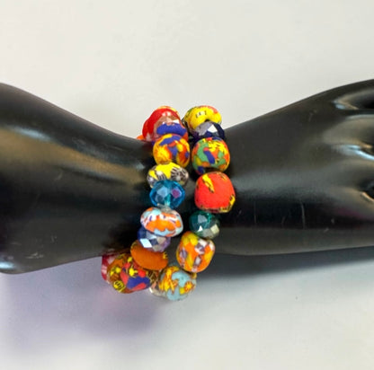 Krobo Bead Stretch Bracelet – Ghana Glass with Crystal Accents - Fatisha Boutique