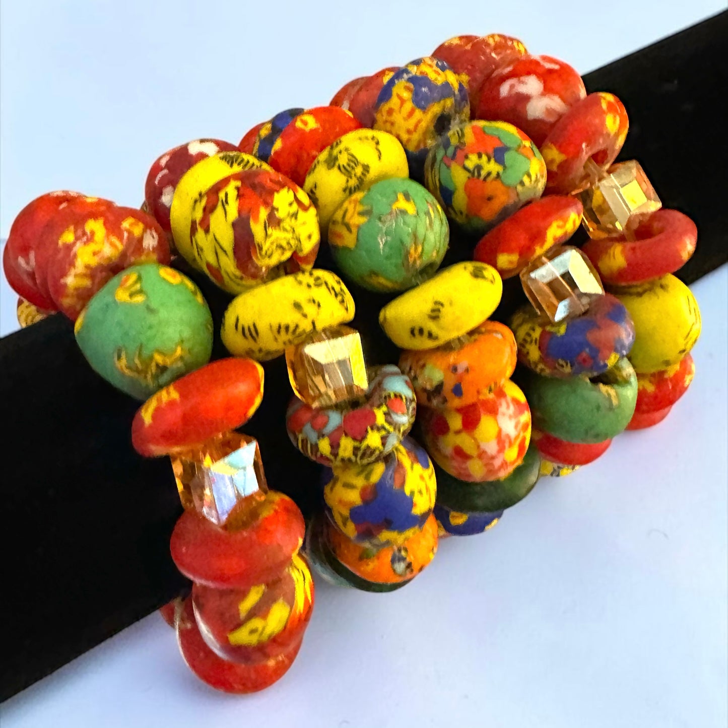 Chunky Krobo Bead Stretch Bracelet – Ghana Glass with Amber Crystal Accents - Fatisha Boutique Fatisha Boutique