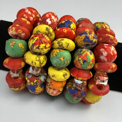 Chunky Krobo Bead Stretch Bracelet – Ghana Glass with Amber Crystal Accents - Fatisha Boutique