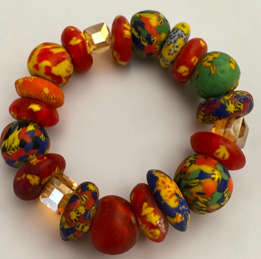 Chunky Krobo Bead Stretch Bracelet – Ghana Glass with Amber Crystal Accents - Fatisha Boutique Fatisha Boutique