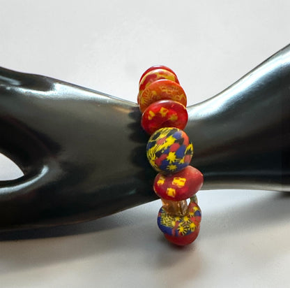 Chunky Krobo Bead Stretch Bracelet – Ghana Glass with Amber Crystal Accents - Fatisha Boutique