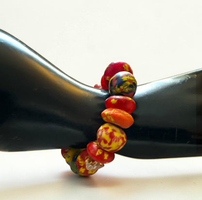 Chunky Krobo Bead Stretch Bracelet – Ghana Glass with Amber Crystal Accents - Fatisha Boutique