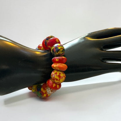 Chunky Krobo Bead Stretch Bracelet – Ghana Glass with Amber Crystal Accents - Fatisha Boutique