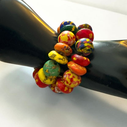 Chunky Krobo Bead Stretch Bracelet – Ghana Glass with Amber Crystal Accents - Fatisha Boutique