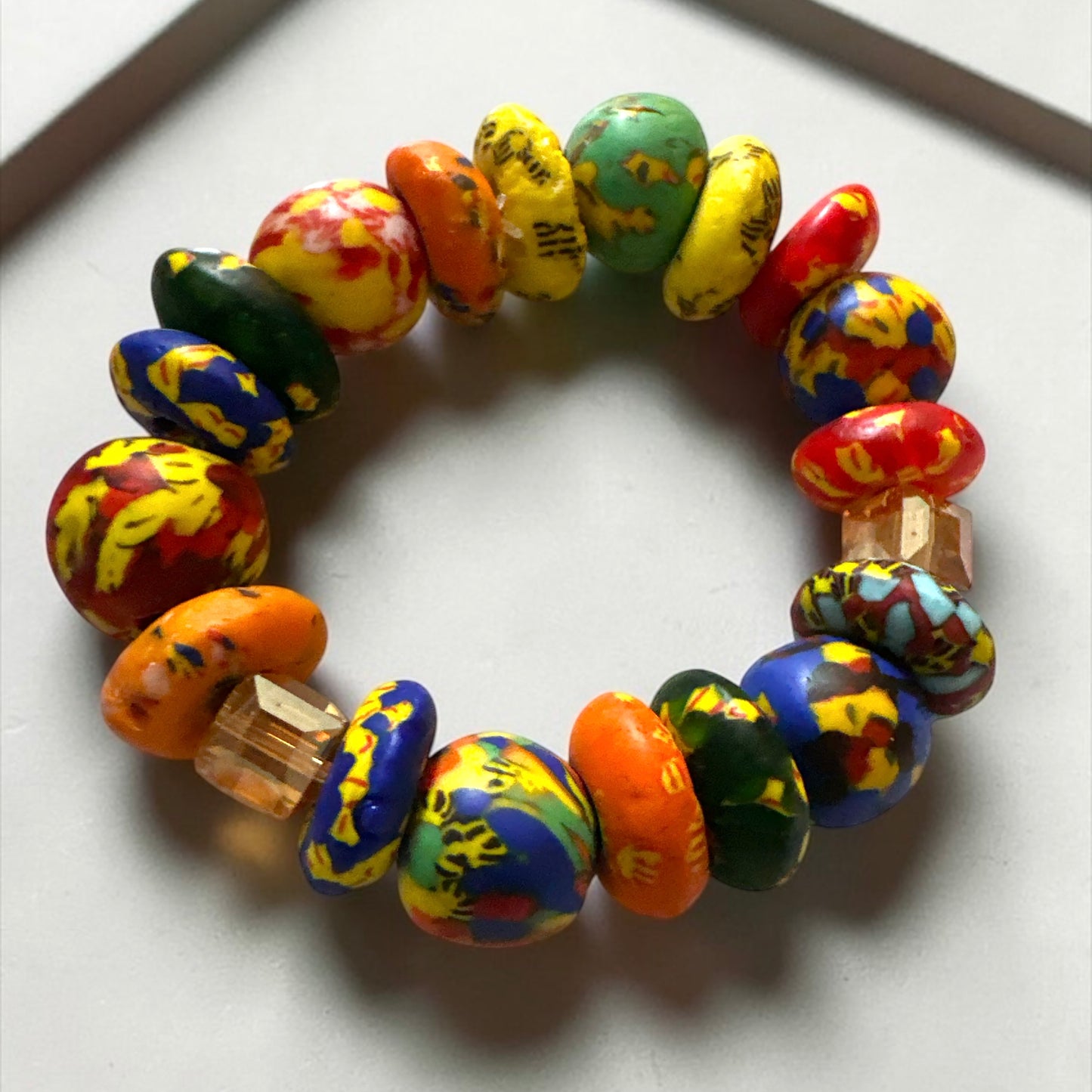 Chunky Krobo Bead Stretch Bracelet – Ghana Glass with Amber Crystal Accents - Fatisha Boutique Fatisha Boutique