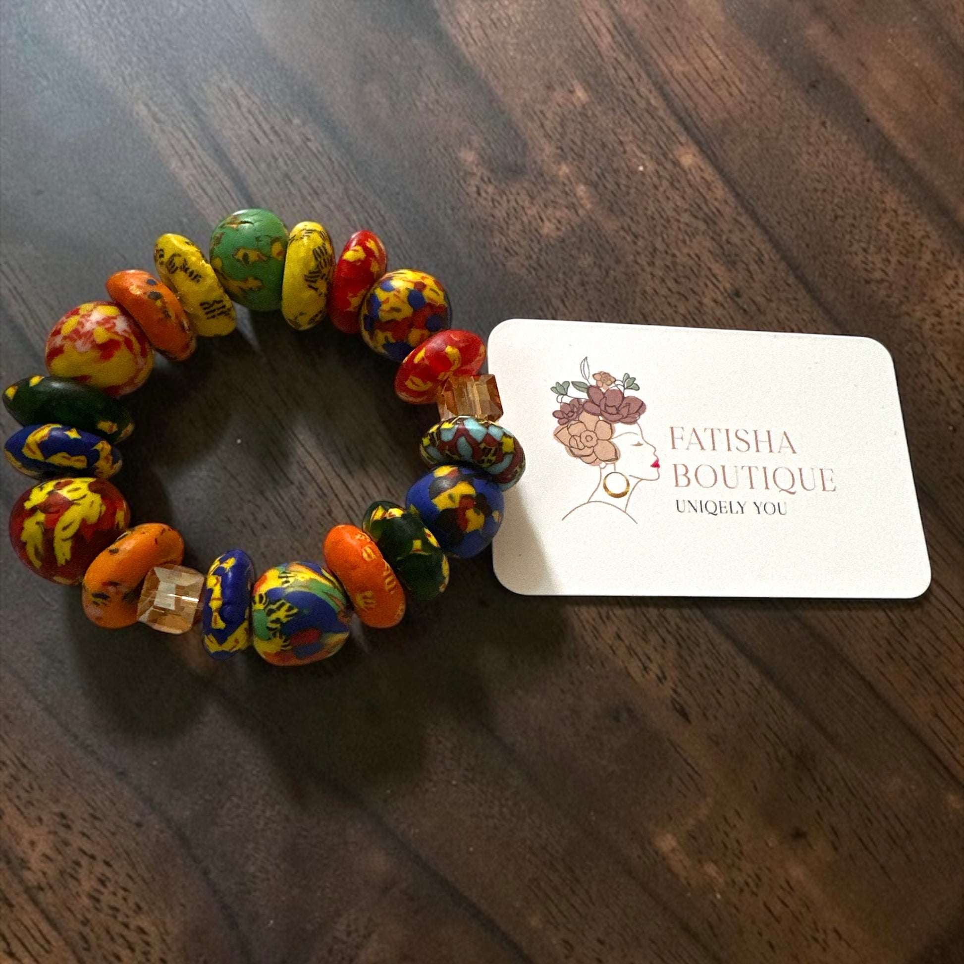Chunky Krobo Bead Stretch Bracelet – Ghana Glass with Amber Crystal Accents - Fatisha Boutique