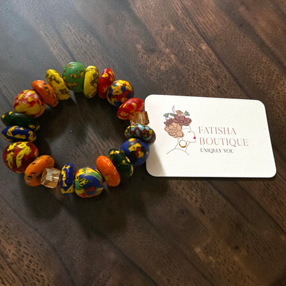 Chunky Krobo Bead Stretch Bracelet – Ghana Glass with Amber Crystal Accents - Fatisha Boutique