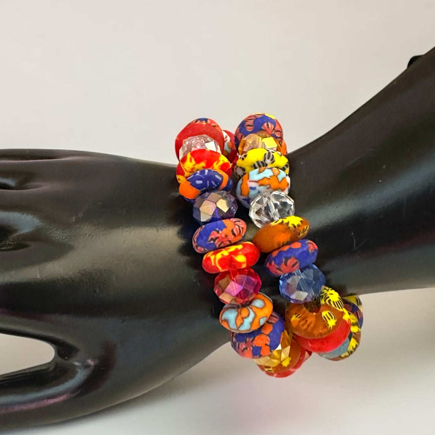 Krobo Bead Stretch Bracelet – Ghana Glass with Multi-Crystal Accents - Fatisha Boutique Fatisha Boutique