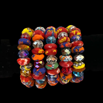 Krobo Bead Stretch Bracelet – Ghana Glass with Multi-Crystal Accents - Fatisha Boutique
