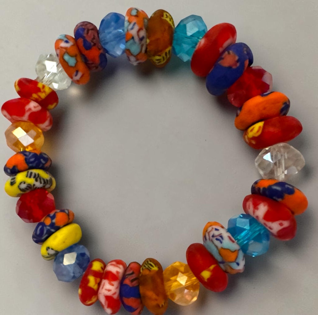 Krobo Bead Stretch Bracelet – Ghana Glass with Multi-Crystal Accents - Fatisha Boutique