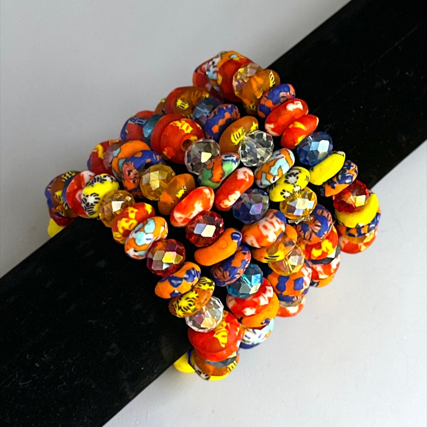 Krobo Bead Stretch Bracelet – Ghana Glass with Multi-Crystal Accents - Fatisha Boutique Fatisha Boutique