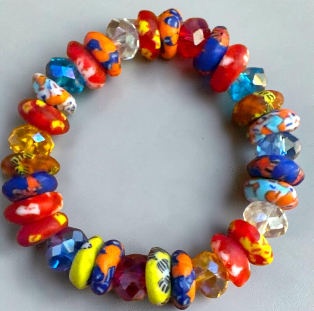 Krobo Bead Stretch Bracelet – Ghana Glass with Multi-Crystal Accents - Fatisha Boutique Fatisha Boutique