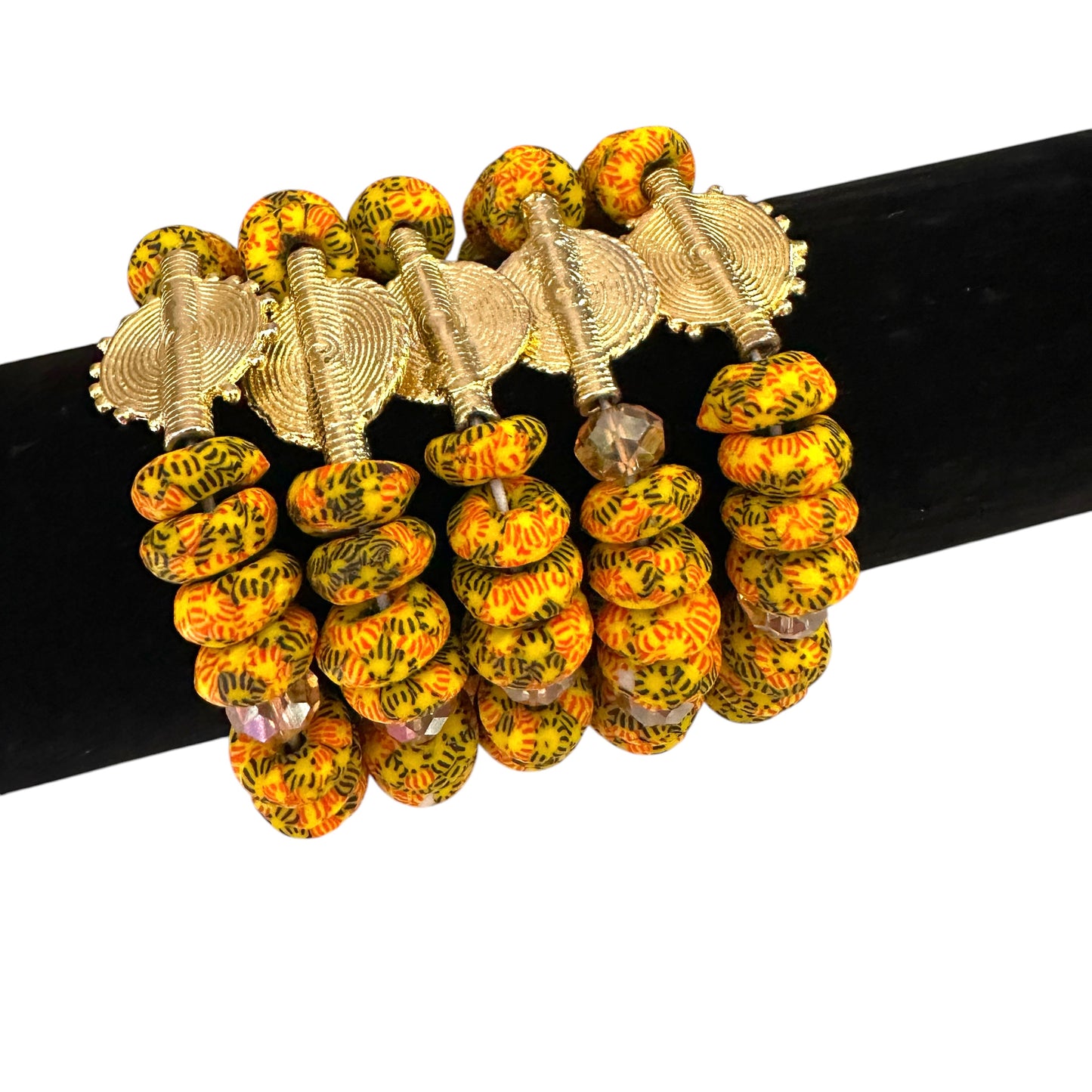 Krobo Bead Stretch Bracelet – Ghana Glass with Brass Sun Charm - Fatisha Boutique Fatisha Boutique