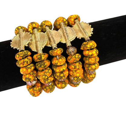 Krobo Bead Stretch Bracelet – Ghana Glass with Brass Sun Charm - Fatisha Boutique