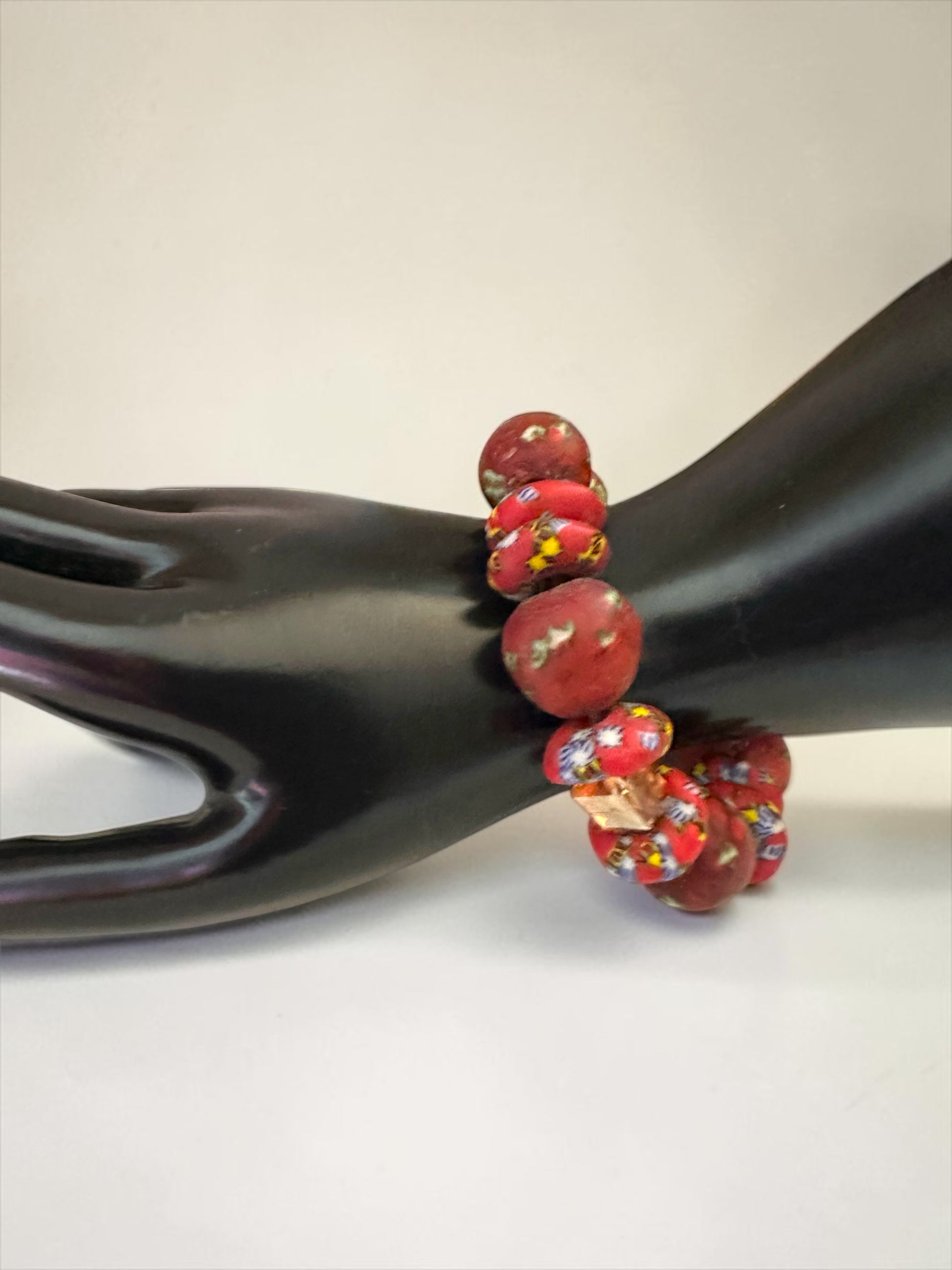 Chunky Krobo Bead Stretch Bracelet – Ghana Glass, Rustic Red Multicolour - Fatisha Boutique