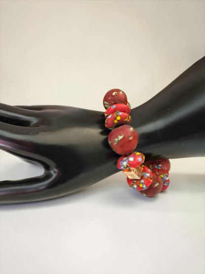 Chunky Krobo Bead Stretch Bracelet – Ghana Glass, Rustic Red Multicolour - Fatisha Boutique