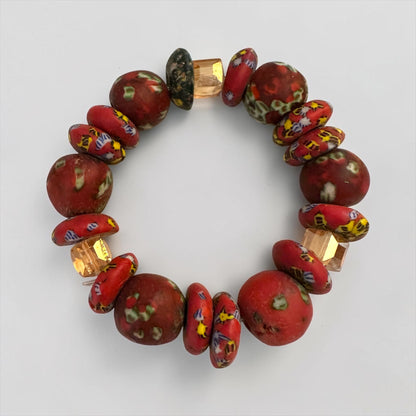 Chunky Krobo Bead Stretch Bracelet – Ghana Glass, Rustic Red Multicolour - Fatisha Boutique